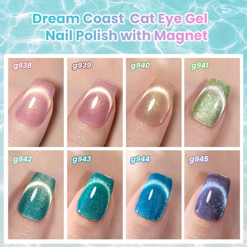 Image of Beetles Dream Coast Cat Eye Gel Nail Polish Set - 8 Colors Glitter Gel Nail Polish Kit Pink Yellow Green Blue Purple Magnetic Shine Soak Off UV Salon DIY Gift Manicure for Women