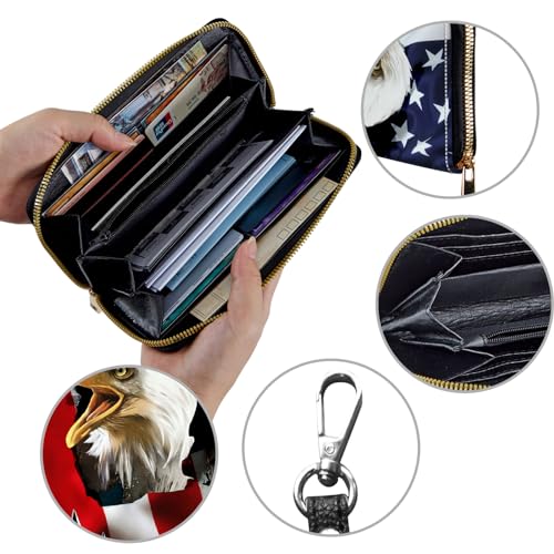 Image of Women's Wallets,Credit Card Holder Money Leather Long Wallet with Wristlet,Large Capacity with Zip-Around Phone Purse for Women Ladies Girls,USA Flag Eagle
