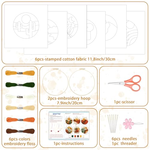 Image of BEUNITONE 6 Set Bohemian Starter Embroidery Kit with Pre-Stamped Pattern | Needlepoint Craft Kits with Embroidery Hoops, Complete DIY Handmade Embroidery Set for Home Decor and Festival Gifts 20x20cm