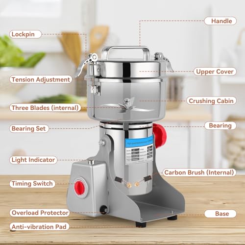 Image of 3000W Grain Mill Grinder - 32000 RPM High-Speed 1000g Electric Stainless Steel Grain Mill for Flour with 270 Swing Grinding for Grains, Millet, Spices & Coffee - Ideal for Kitchen and Commercial Use