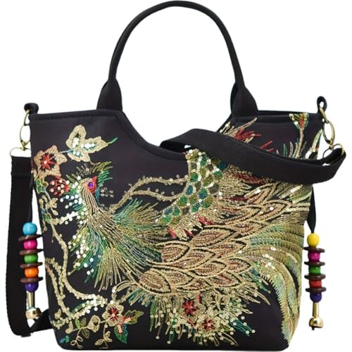 Glixoft Bolso De Mano con Lentejuelas Y Pavo Real, Bolso De Lona Bordado Vintage, Bolso Bandolera para Compras, Bolso con Cuentas para Verano a Juego