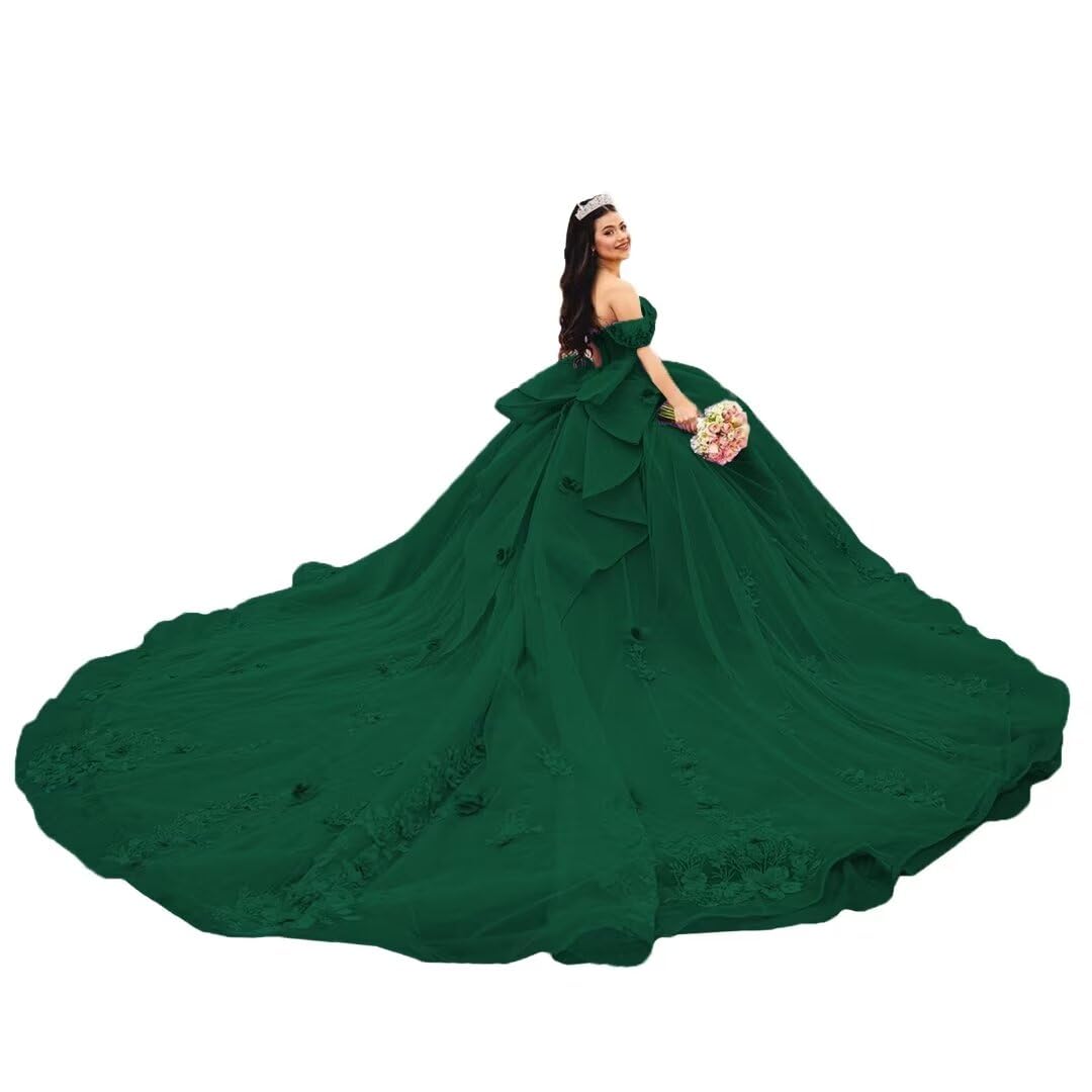 Uiykhr Glitter 3D Flower Quinceanera Dresses Puffy Tulle Beaded Sweet 16 Dresses Lace Applique Quince Dress