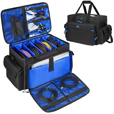DJ Cable Bag with Laptop Compartment & Microphone Pocket – Detachable Dividers Cable Organizer for DJ Gear, Audio Equipment & Music Accessories, Padded Gig Bag for Musicians, Travel & Live Sound, Blue