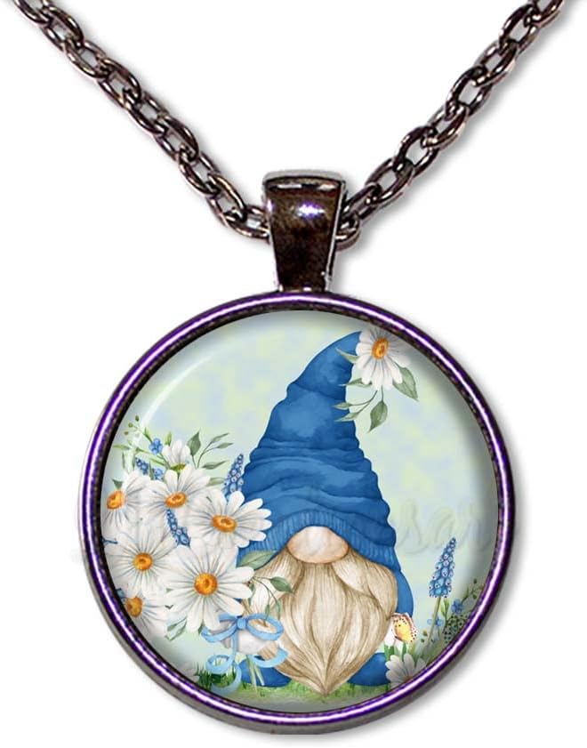 Beautiful Gnome with Daisy Flowers Handmade ROUND Glass Pendant Necklace Jewelry