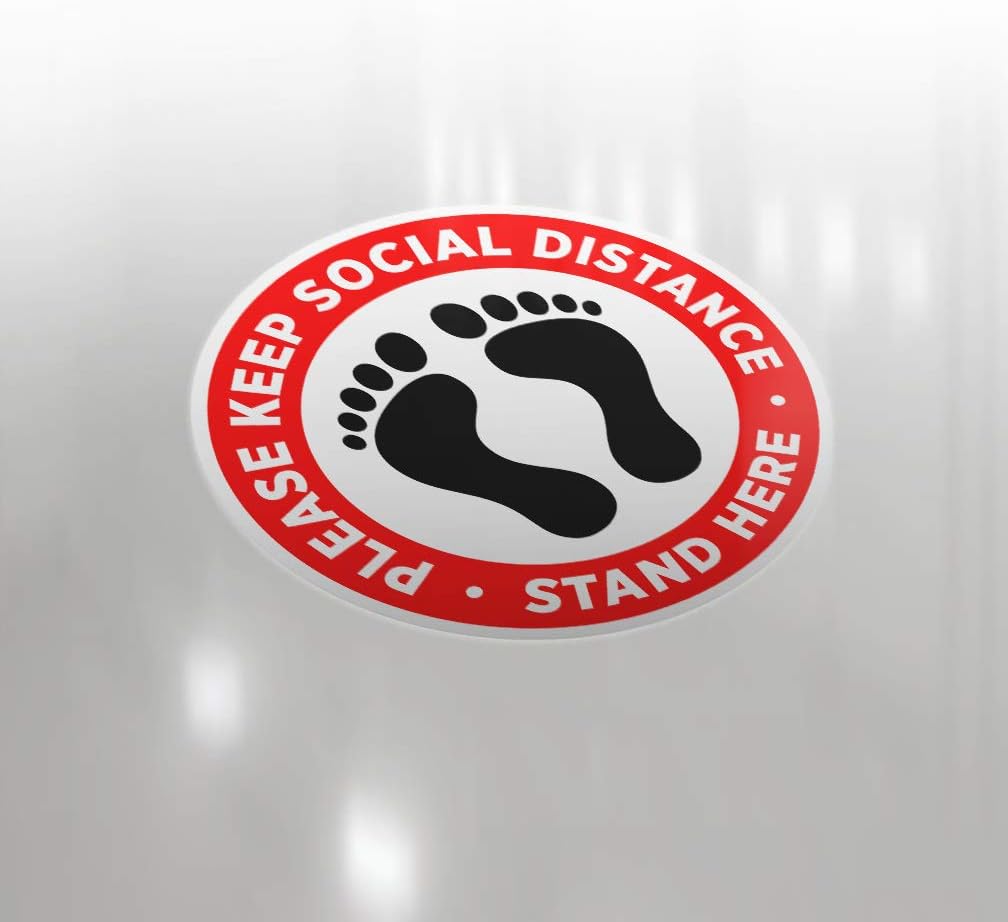 Social Distancing Floor Decal Sticker - Stop 6 Feet Apart Stand Please Wait Here Sign Safety Distance for Grocery Stores, Dr. Offices, Hospitals - 20 Inch Round - 5 Pack