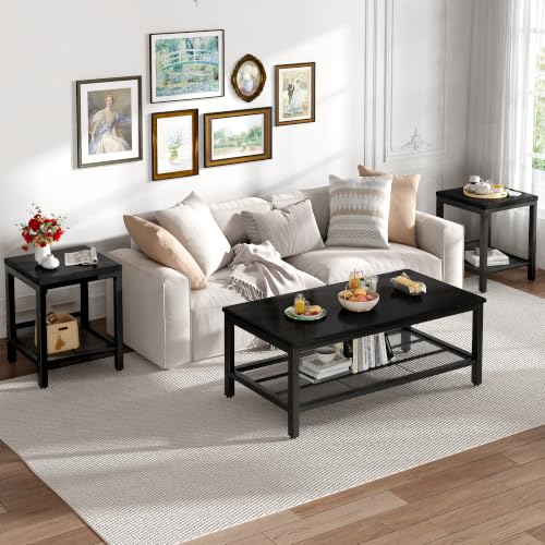 Image of 3-Piece Coffee Table and End Table Sets for Living Room, Industrial Coffee Table Set of 3 with Storage, Modern Farmhouse Rustic Living Room Table Set for Apartment Home Office