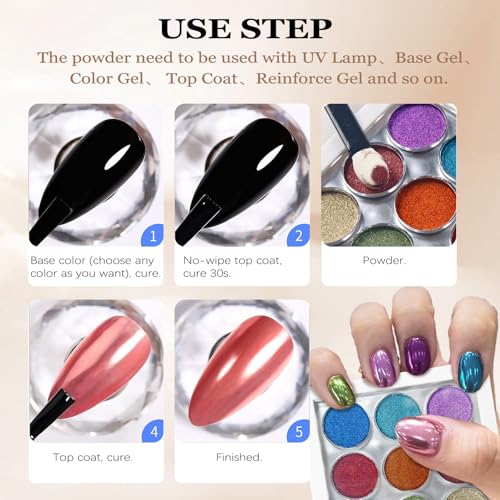 Image of 9 Colors Chrome Nail Powder Palette, Blue Red Purple Green Metallic Mirror Holographic Chrome Powder for Nails, Fine Glitter Nail Art Decoration for Home DIY Salon Manicure Pigment, B