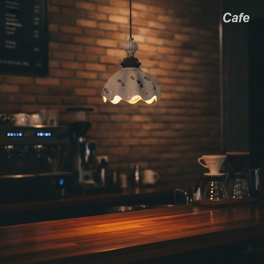 Pendelleuchte Keramik Gefaltet Skandinavisch, Hängelampe Blütenform aus Porzellan Vintage Landhausstil Wellen Design Kronleuchter für Nachttisch Café Kücheninsel