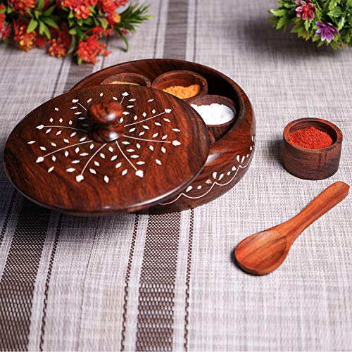 Image of Naayaab Craft Pakka Sheesham Wooden Masala Box 7 Part - Anjarai Petti - Round Design -(19X19X5) Cm, Brown