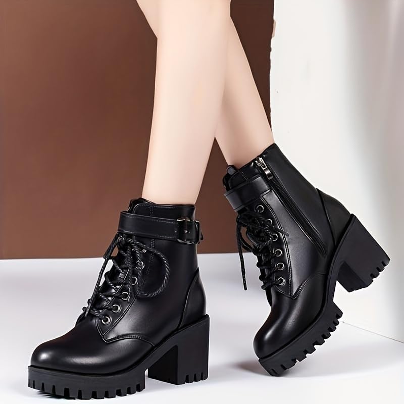 Women's ankle boots with belt buckle, high heel, side zipper and adjustable strap design. Fashionable thick sole. Suitable for all occasions.