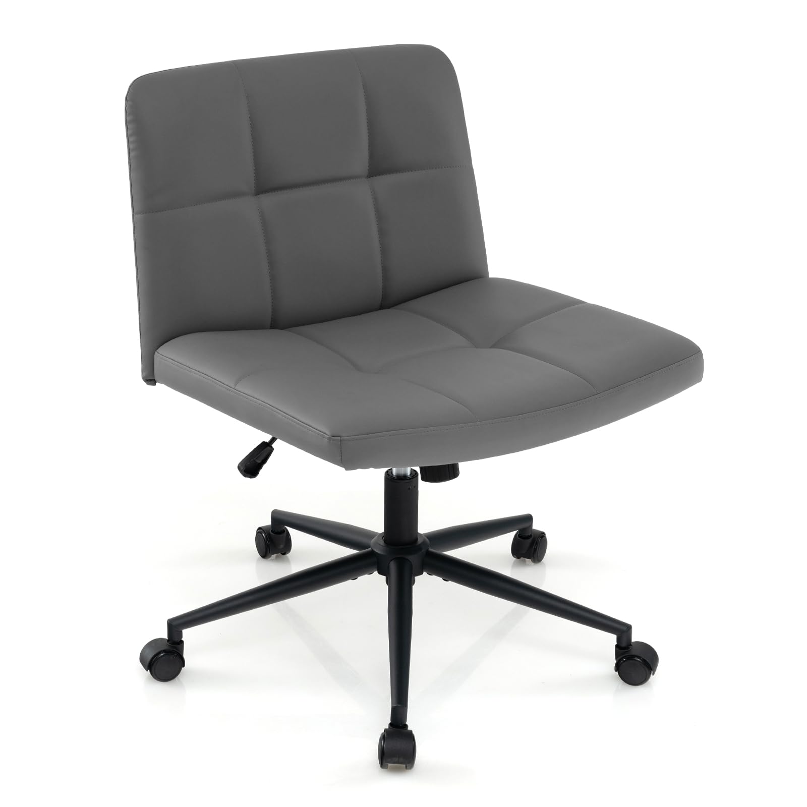COSTWAY Armless Office Chair, PU Leather Upholstered Cross Legged Computer Desk Chair, Height Adjustable Wide Seat Swivel Vanity Chair for Home Office (with Wheels, Grey)