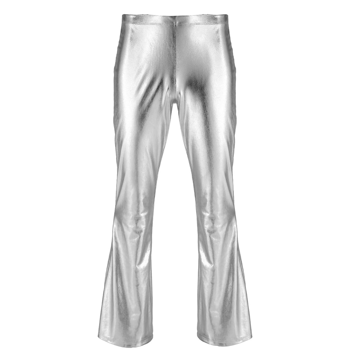 Herren Metallic Hose High Waist Glänzende Leggings Holographic Schlaghose Tanzhose Weites Bein Jazzpants 70er 80er Jahre Nachtcub Party Outfit Silber XXL