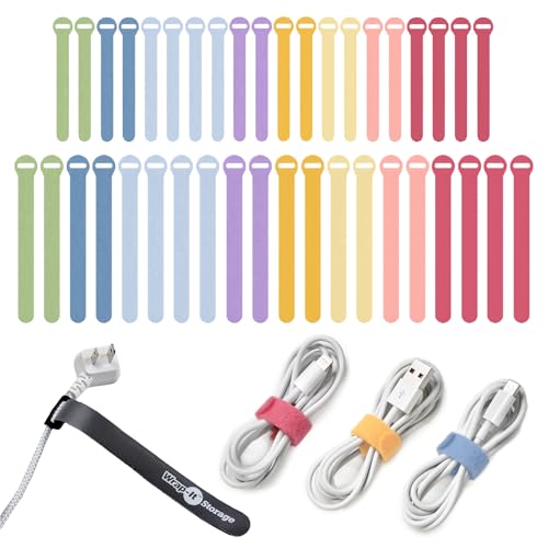 Self-Gripping Cable Ties by Wrap-It Storage, Macaron, 40 Pack (5 Inch and 8 Inch Straps) – Reusable Hook and Loop Cord Wraps for Home Office Desk Organization