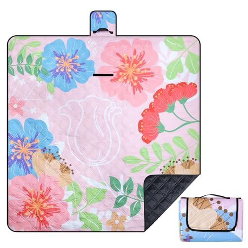 Neloheac Picknickdecke 200x200 cm Wasserdicht, Dreifach Stranddecke Tragbare mit Griff, Extra Große Campingdecke für Outdoor Wandern BBQ, Gartenblume, ZHL0012