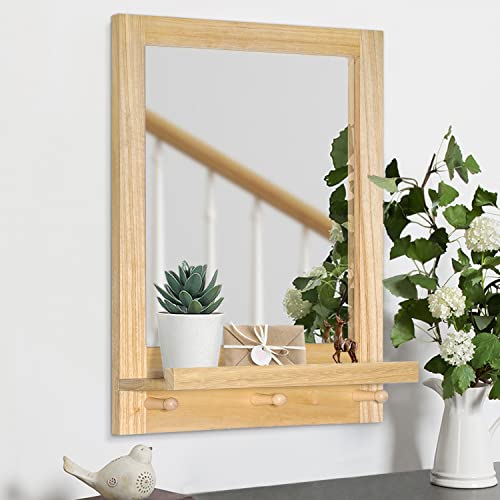 AOAOPQ Espejo de baño con estante y ganchos, marco de madera, espejo de pared con estantes para colgar, para entrada, dormitorio, sala de estar, 42 x 58 cm, color beige