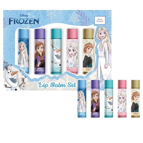 Disney Frozen Lip Balm Set for Kids 5-Pack Flavored Lip Balms (Sugar Grape Bubble Gum Strawberry Vanilla) Featuring Elsa Anna & Olaf Moisturizing Lip Care Gift Set for Girls Stocking Stuff