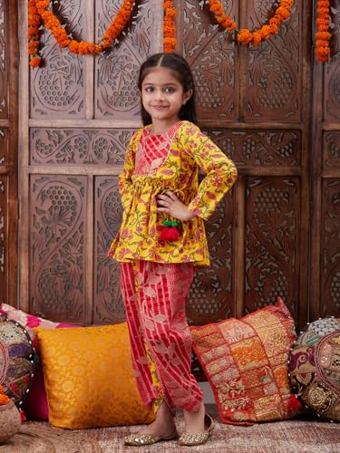 Pspeaches Girl's Cotton Dhoti Set (Dh-Yellowjaal-3-4Y_Yellow
