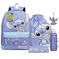 Disney Stitch Backpack School Supplies Set 5 Pieces with Rucksack Swimming Bag Pencil Case Water Bottle and Keyring Back to School Stitch Gifts