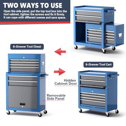 Tool Chest 8-Drawer | 42'' Large Rolling Tool Chest with Wheels | Detachable Top Metal Tool Box | Garage Storage Cabinet for Repair Room,Warehouse | Rolling Tool Box with Hooks,Liners,Tray Divider - Image 5