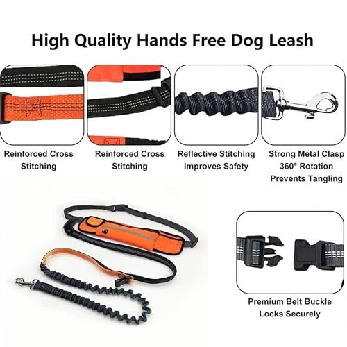 Hands Free Dog Leash, Waist Dog Leash For Running,Walking,Hiking,Training With Adjustable Waist Belt Harness,Reflective Stitches And Zipper Pouch (Orange) #TOP1