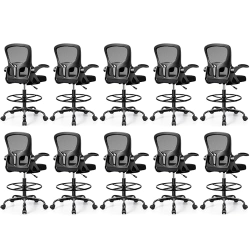 Image of 10-Pack Drafting Chair Tall Office Chair for Standing Desk - Ergonomic Computer Work Stool with Flip-up Arms, Foot Ring & Adjustable Lumbar Support. Ideal for Studio, Artist,Study (Black)