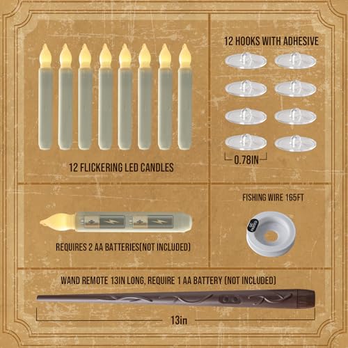 Image of Raycare Floating Candles with Wand, 12 Pcs Magic Hanging Candles Flameless, Flickering Warm Light LED Taper Candle with Wand Remote, Battery Operated Window Candle for Halloween Witch Wizzard Decors