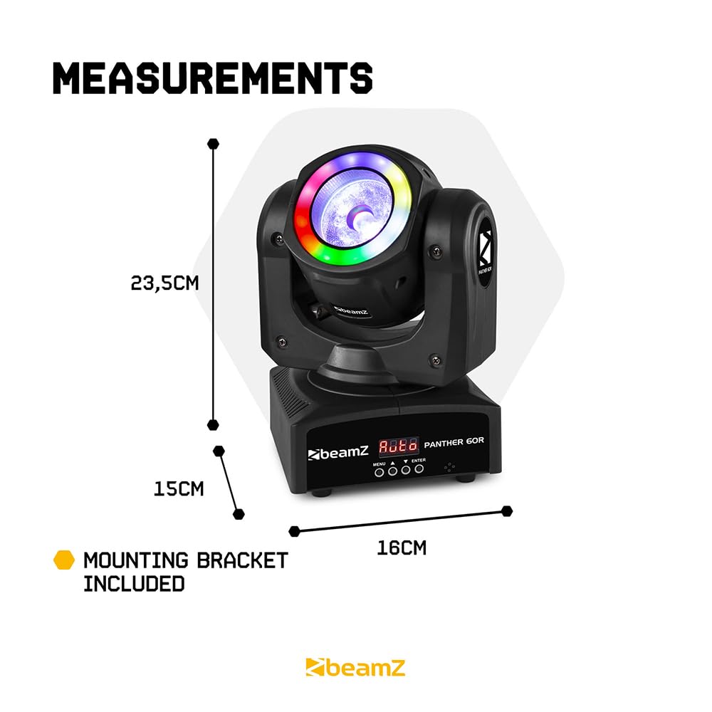 BeamZ Panther 60R Cabeza móvil RGBW con anillo LED RGB, 60 vatios, iluminación de escenario, DMX, sistema de iluminación al ritmo de la música, sistema de iluminación para DJ - Color negro