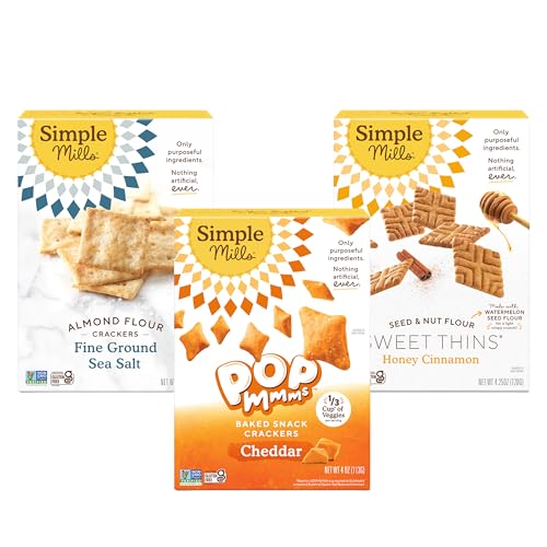 Image of Simple Mills Best Snacks Variety Pack, Sea Salt Almond Flour Crackers, Honey Cinnamon Sweet Thins and Cheddar Pop Mmms, Gluten Free, Paleo Friendly Healthy Snacks, (Pack of 3)