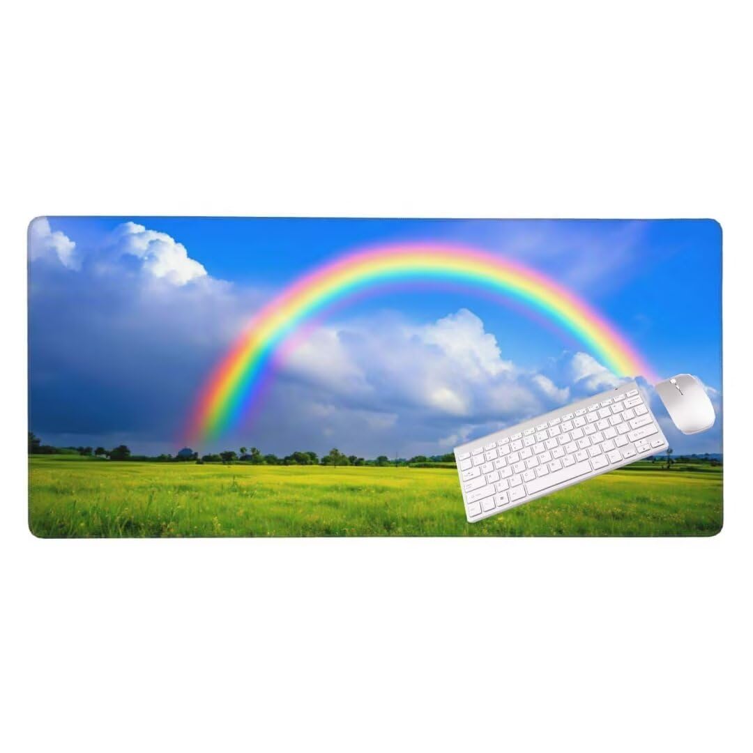 Alfombrilla de ratón 1400x600x3 MM, Alfombrilla Ratón XXL Extendida de Gran Tamaño con Bordes Cosidos, Base de Goma Antideslizante Almohadilla para Teclado, Pradera del Arco Iris S-377