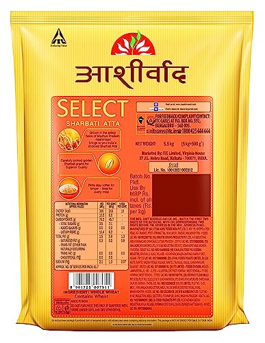 Image of Aashirvaad Select 100% MP Sharbati Wheat Atta, 0% Maida, Made for Softer Rotis, 5 kg + 10% extra