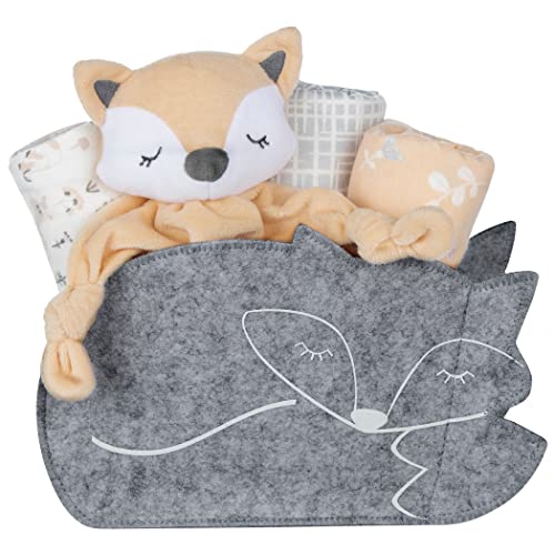 My Tiny Moments Welcome Baby Fox Shaped 5 Piece Gift Set, Includes 3 Flannel Swaddle, Elephant Security Blanket, And A Gray Elephant Shaped Storage Container #TOP22