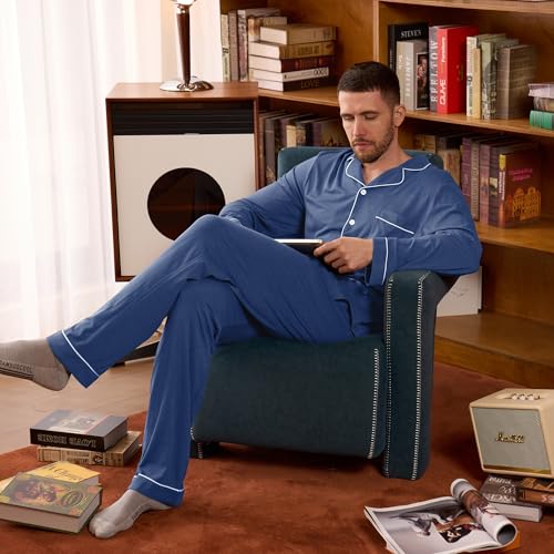 Image of BAMBOO COOL Mens Pajama Set Bamboo Viscose Cotton Soft Lightweight Loungewear Sleepwear Long Sleeve and Pants with Pockets