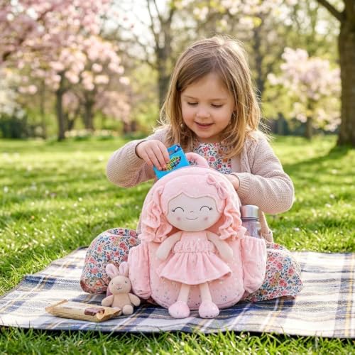 Image of Gloveleya Toddler Backpacks Baby Girl Gifts Curly Hair Plush Figures Dress Backpack - Silver Heart Accents in Pink 11''