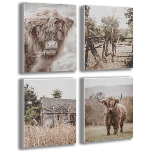 Image of Vintage Farm Cow Farmhouse Decor Cow Prints Canvas Wall Art Prints Pictures Wall Decor for Home Bedroom Office Bathroom Rustic Western Country Birthday Housewarming Gifts 4PCS,Framed,8x10IN