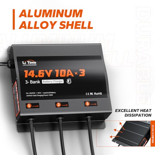 Image of LiTime 3 Bank 12V 10A LiFePO4 Battery Charger, Waterproof, 14.6V Output