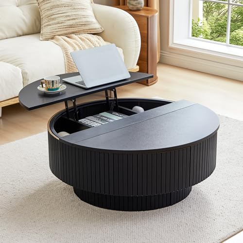 Image of 33 inch Round Coffee Table with Lift-Top & Flip-Top Storage, Modern Accent Fluted Coffee Tables with Metal Frame, Wooden Circle Center Table for Living Room Small Space Apartment Office (Black)