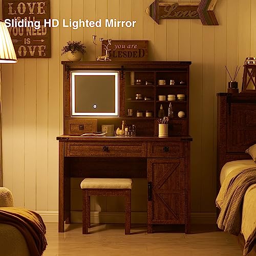 T4TREAM Farmhouse Makeup Vanity Desk with Sliding Mirror and Lights, 42'' Glass Tabletop Vanity Table with 2 Drawers & Shelves, Rustic Large Vanity Set for Bedroom, Reclaimed Barnwood