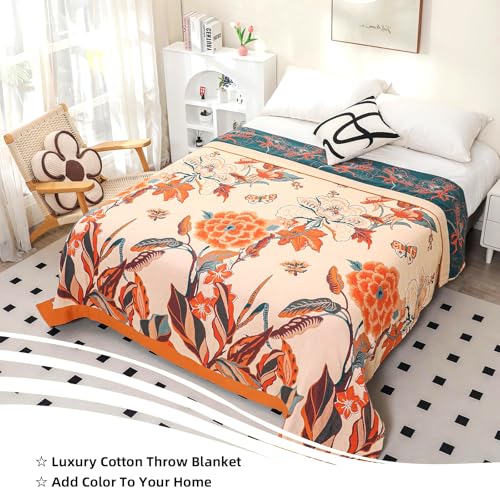 Boho Large Throw Blanket, 100% Organic Cotton Breathable Soft Bed Throw - Floral Bird Farmhouse Decor Blanket for Sofa Couch Chair Quilt and Gift. 91" x 98"- Beige