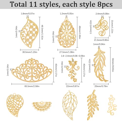 SUNNYCLUE 1 Box 88Pcs Gold Filigree Charms Filigree Leaf Charm Filigree Metal Charms Hollow Leaves Charms Filigree Connector Charms Filigree Connectors for jewellery Making Charms DIY Earring Bracelet - Image 2