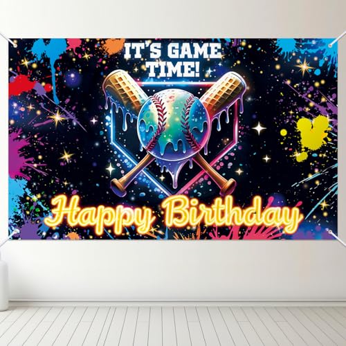 Hunnmingre Neon Ice Cream Drip Baseball Birthday Decor Baseball Drip Banner