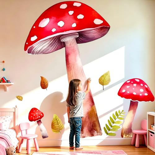 Vinilos Decorativos de Hongos Grandes Rojos, Acuarela y Hojas miniatura 1