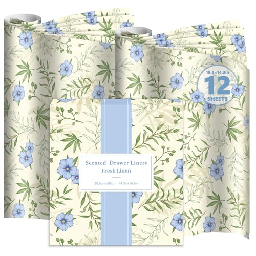 DERDUFT Scented Drawer Liner Paper - Fresh Linen Scented Sheets for Drawers and Wardrobes - 12 Large Decorative Sheets 36.5x50cm / 14.4x19.7in for Bedroom Dresser Closet Storage Box