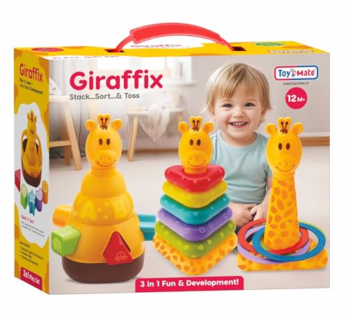 Image of toymate Giraffix 3-in-1 Stacking, Sorting & Ring Toss Toy for Toddlers | Educational Montessori Learning for Babies | Shape Sorter, Stacking Rings & Motor Skills Development Toy for 12+ Months