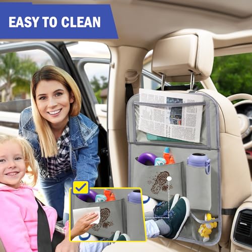 Image of 2Pack Car Backseat Organizer with Foldable Table Tray,6 Storage Pockets Car Storage Organizer with Tablet Holder,Car Seat Back Protectors Kick Mats Travel Accessories (Grey)