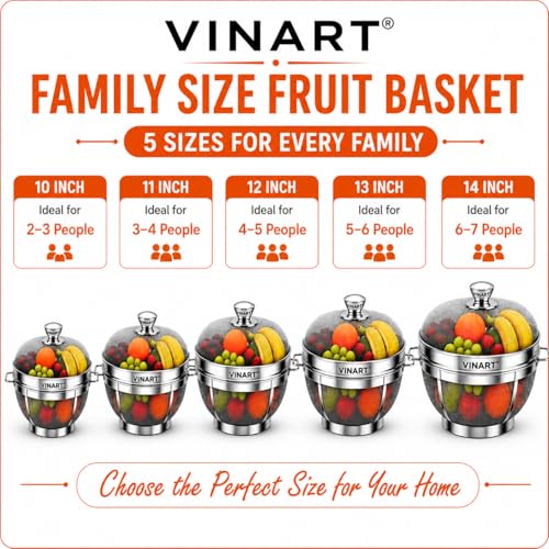 Image of VINART Stainless Steel Fruit Basket with Lid | Fruit & Vegetable Storage Basket for Kitchen & Dining Table (12 Inch)