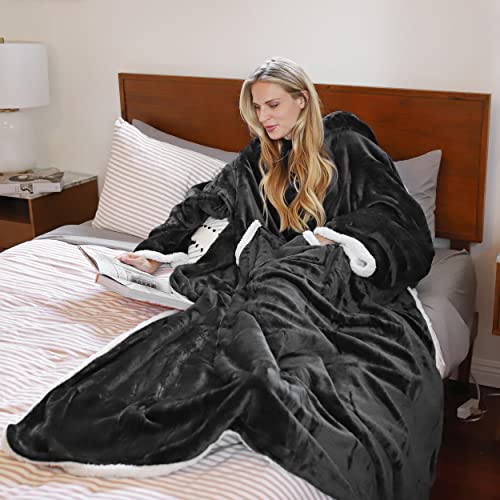 Tirrinia Sherpa Hood Wearable Blanket For Adult Women And Men, Super Soft Comfy Warm Plush Throw With Sleeves Tv Blanket Wrap Robe Hoodie Cover For Sofa, Couch 72" X 55" Black #TOP2