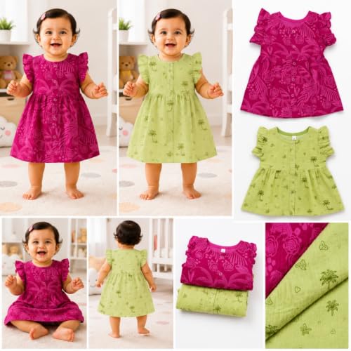 Image of Lilimi Toddler Baby Girl Cotton Muslin Dress, Breathable Flutter Sleeve Button-Front Cute Frocks