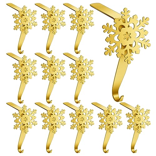 Peryiter 12 Pieces Snowflake Christmas Stocking Holders for Mantle Christmas Stocking Hooks Metal Sock Hangers Holder Stand Weighted for Fireplace(Gold)