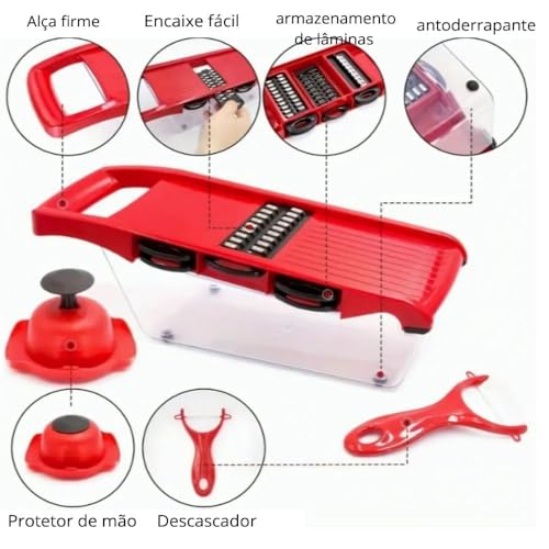 Cortador e Fatiador Mandoline 10 em 1 para Frutas e Legumes com 6 Lâminas Intercambiáveis Prático e