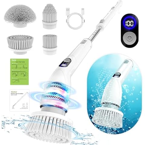 TUYU Electric Spin Scrubber,Full-Body IPX7 Waterproof Bathroom Scrubber with Power LCD Display, Adjustable Extension Handle and Cordless Electric Cleaning Brush for Bathroom,Kitchen Cleaning Cover